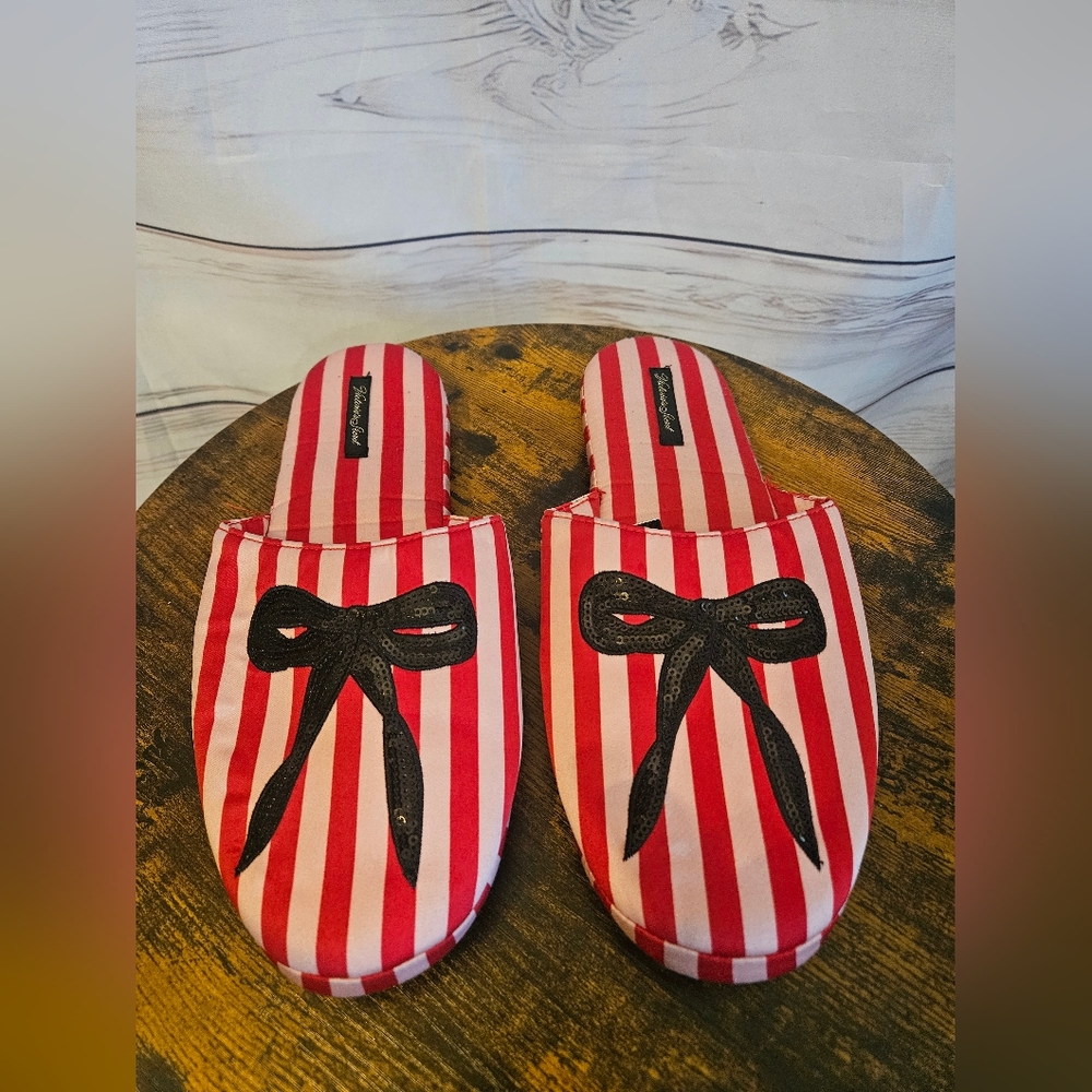 Victoria’s Secret Red Striped Satin Bow Slippers | Size L/XL